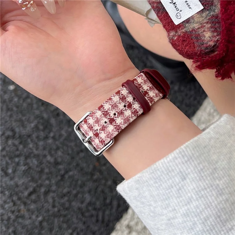 Woolen Fabric Leather Strap for Apple Watch Series 10 9 8 7 SE 6 5 4 3 2 1 42mm 41mm 40mm 38mm Watch Band - Wine Red