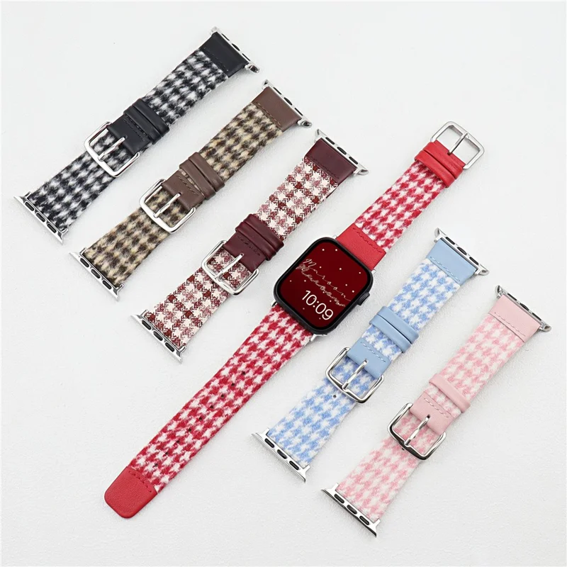 Woolen Fabric Leather Strap for Apple Watch Series 11 10 42mm / 9 8 7 41mm / SE3 SE2 SE 6 5 4 40mm / 3 2 1 38mm Watch Band - Black