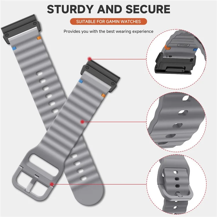 Watch Band for Garmin Fenix 8 51mm / Enduro 3 / Enduro 2 Quick Release Wavy Texture Silicone Strap with Black Connector - Black