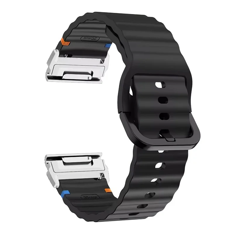 For Garmin Fenix 8 47mm / Fenix E 47mm 22mm Quick Release Wavy Texture Silicone Watch Strap with Silver Connector - Black