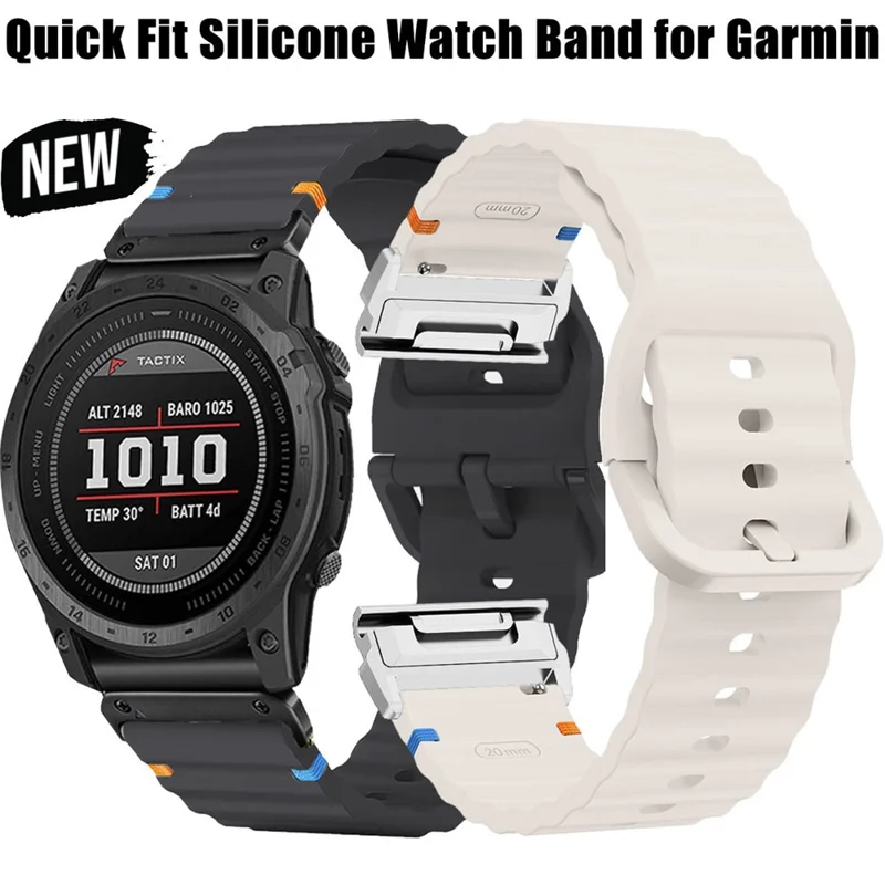 For Garmin Fenix 8 47mm / Fenix E 47mm 22mm Quick Release Wavy Texture Silicone Watch Strap with Silver Connector - Black