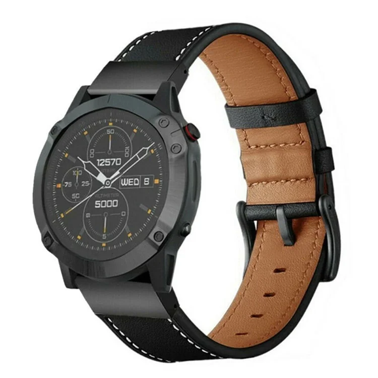 Für Garmin Fenix 8 47mm / E 47mm Lederarmband 22mm mit Ziernähten - Schwarz