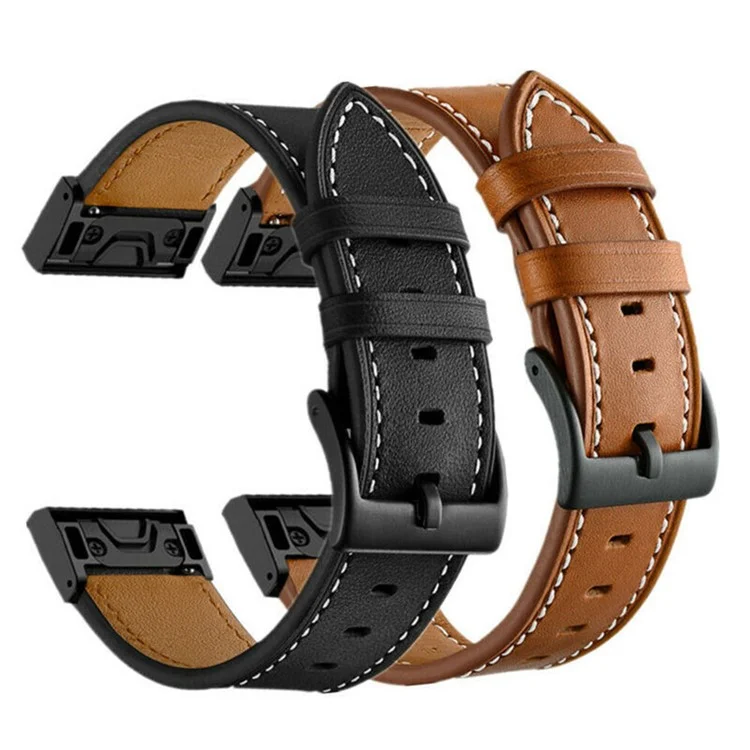 Für Garmin Fenix 8 47mm / E 47mm Lederarmband 22mm mit Ziernähten - Schwarz