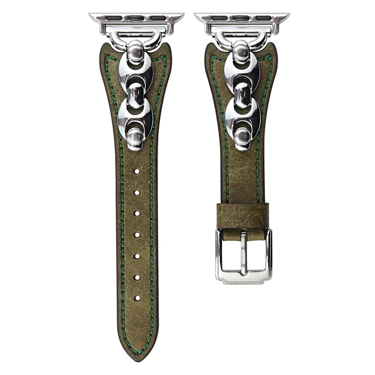Armband für Apple Watch Series 10 9 8 7 SE 6 5 4 3 2 1 42mm 41mm 40mm 38mm D Metallschnalle Echtes Kuhlederbandl - Grün / Silberne Schnalle
