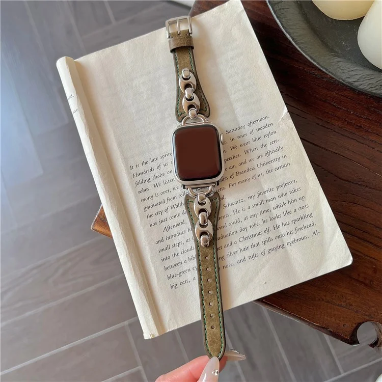 Armband für Apple Watch Series 10 9 8 7 SE 6 5 4 3 2 1 42mm 41mm 40mm 38mm D Metallschnalle Echtes Kuhlederbandl - Grün / Silberne Schnalle