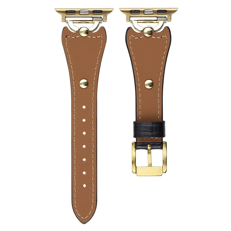 Wrist Strap for Apple Watch Ultra 3 2 1 49mm / Series 11 10 46mm / 9 8 7 45mm / SE3 SE2 SE 6 5 4 44mm / 3 2 1 42mm D Buckle Genuine Cow Leather Band - Black / Gold Buckle