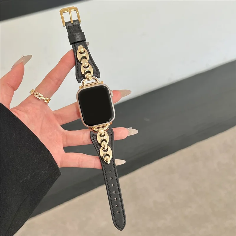 Wrist Strap for Apple Watch Ultra 3 2 1 49mm / Series 11 10 46mm / 9 8 7 45mm / SE3 SE2 SE 6 5 4 44mm / 3 2 1 42mm D Buckle Genuine Cow Leather Band - Black / Gold Buckle