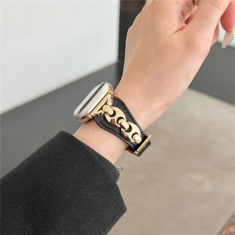 Wrist Strap for Apple Watch Ultra 3 2 1 49mm / Series 11 10 46mm / 9 8 7 45mm / SE3 SE2 SE 6 5 4 44mm / 3 2 1 42mm D Buckle Genuine Cow Leather Band - Black / Gold Buckle