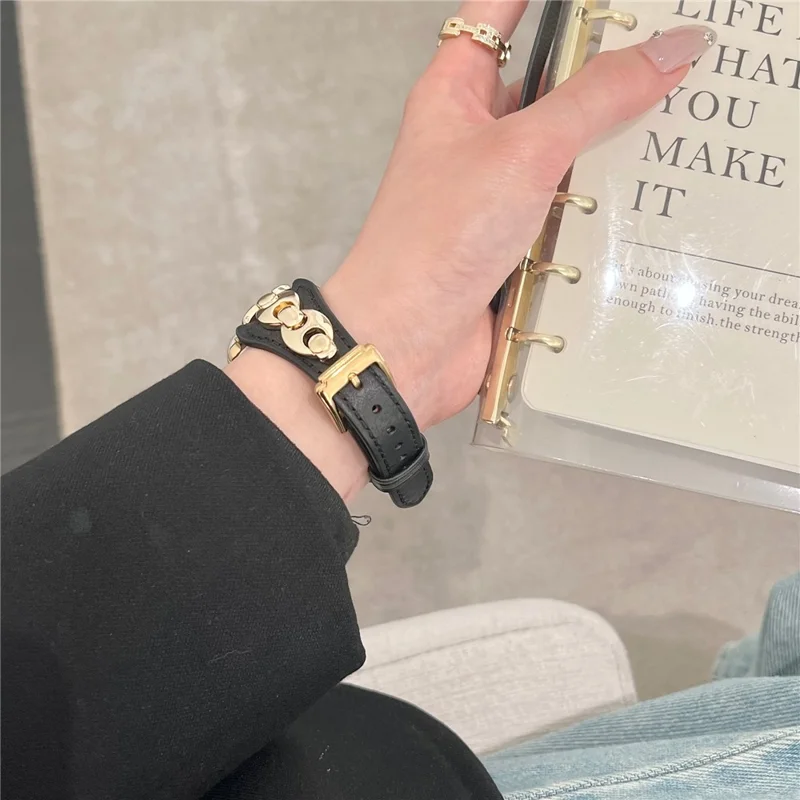 Wrist Strap for Apple Watch Ultra 3 2 1 49mm / Series 11 10 46mm / 9 8 7 45mm / SE3 SE2 SE 6 5 4 44mm / 3 2 1 42mm D Buckle Genuine Cow Leather Band - Black / Gold Buckle
