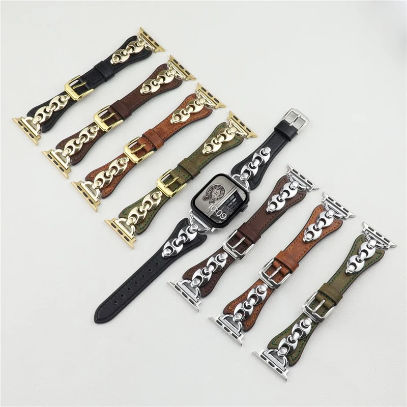 Wrist Strap for Apple Watch Ultra 3 2 1 49mm / Series 11 10 46mm / 9 8 7 45mm / SE3 SE2 SE 6 5 4 44mm / 3 2 1 42mm D Buckle Genuine Cow Leather Band - Black / Gold Buckle