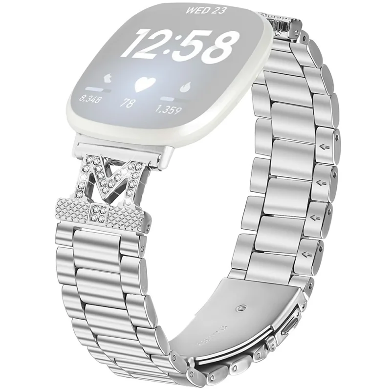 For Fitbit Versa 4 / Sense 2 Watch Strap Rhinestones Decor 3-Bead Silver Stainless Steel Band
