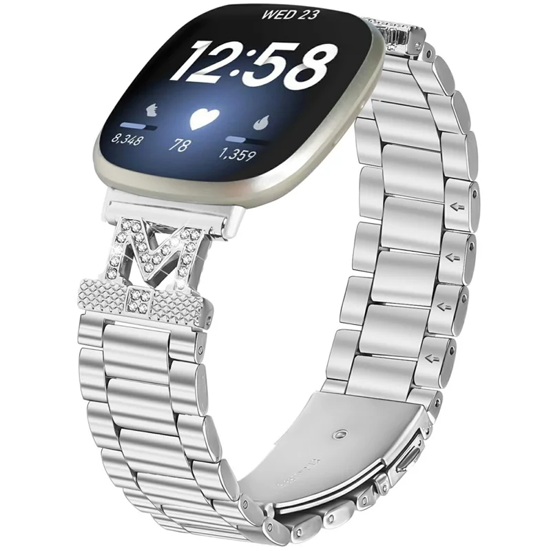 For Fitbit Versa 4 / Sense 2 Watch Strap Rhinestones Decor 3-Bead Silver Stainless Steel Band