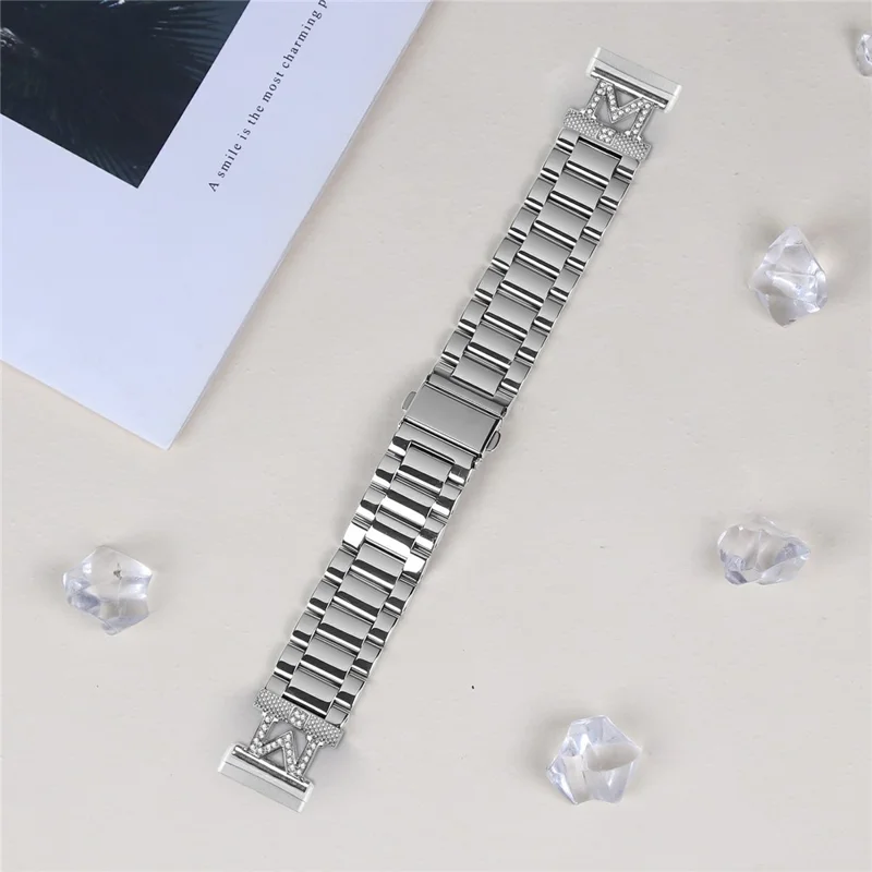 For Fitbit Versa 4 / Sense 2 Watch Strap Rhinestones Decor 3-Bead Silver Stainless Steel Band