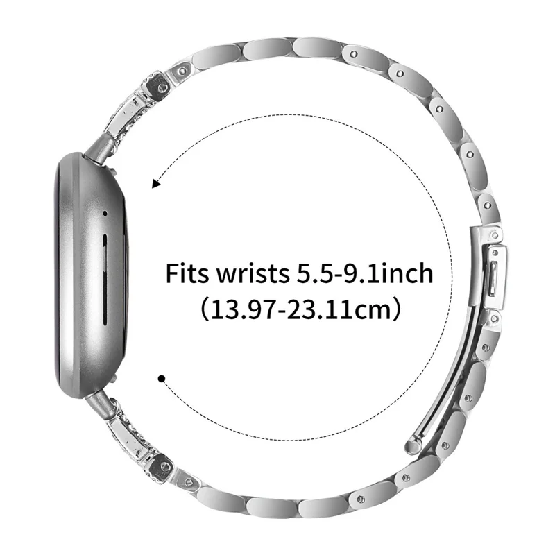 For Fitbit Versa 4 / Sense 2 Watch Strap Rhinestones Decor 3-Bead Silver Stainless Steel Band