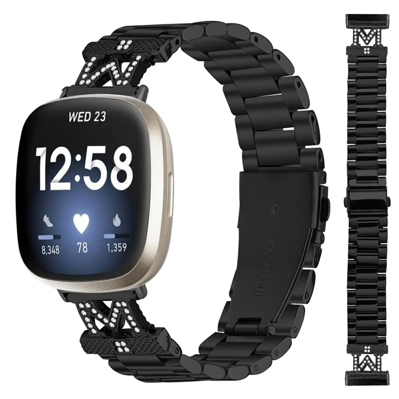 For Fitbit Versa 4 / Sense 2 Watch Strap M-Type Rhinestones Decor Stainless Steel 3-Bead Band - Black