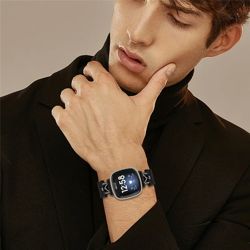 For Fitbit Versa 4 / Sense 2 Watch Strap M-Type Rhinestones Decor Stainless Steel 3-Bead Band - Black