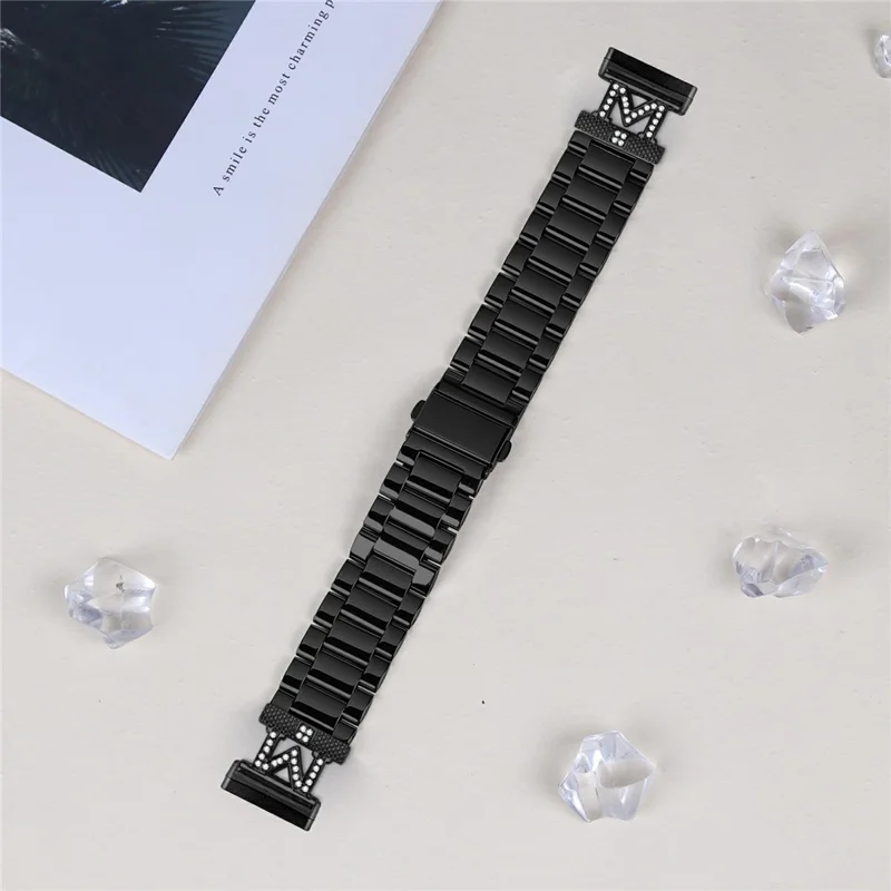 For Fitbit Versa 4 / Sense 2 Watch Strap M-Type Rhinestones Decor Stainless Steel 3-Bead Band - Black