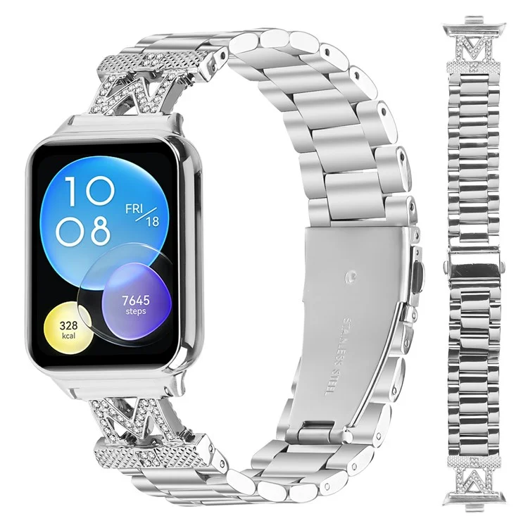 Pulseira para Xiaomi Redmi Watch 4 com Strass Decorativos Prata em Aço Inoxidável com 3 Fileiras