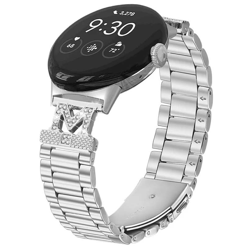 Für Google Pixel Watch 2 / Pixel Watch Armband mit Strasssteinen verziert Silber Edelstahl 3-Perlen Uhrenarmband