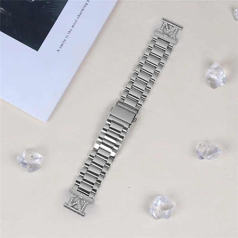 For Garmin Approach S40 / Forerunner 158 Watch Strap Rhinestones Decor 3-Bead Silver Stainless Steel Band