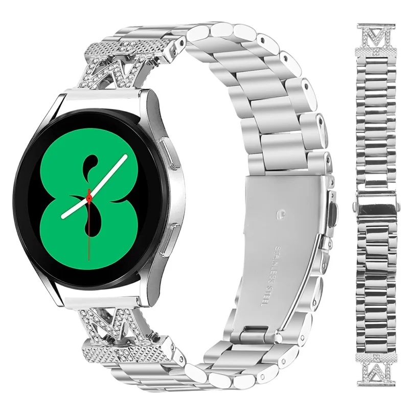 For Garmin Forerunner 55  /  Venu Strap Rhinestones Decor 3-Bead Silver Stainless Steel Watch Band