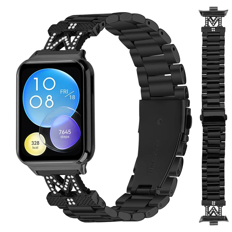 Für Xiaomi Redmi Watch 4 Ersatzarmband M-Typ Strass-Dekor Edelstahl 3-Perlen Uhrenarmband - Schwarz