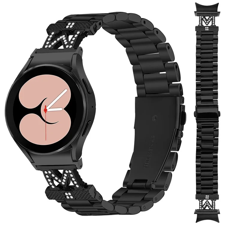 Watch Band with Connector For Samsung Galaxy Watch 5 Pro 45mm  /  Watch 5 44mm 40mm  /  Watch4 44mm 40mm 3-Bead Stainless Steel Strap - Black