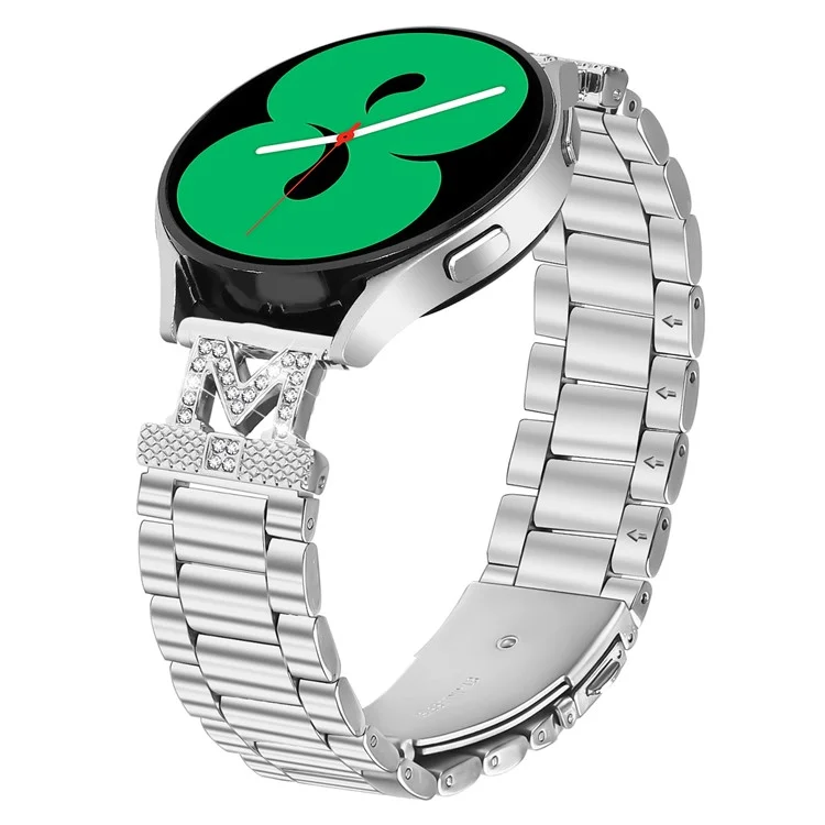 For Huawei Watch GT 2 42mm Strap Rhinestones Decor 3-Bead Silver Stainless Steel Watch Band