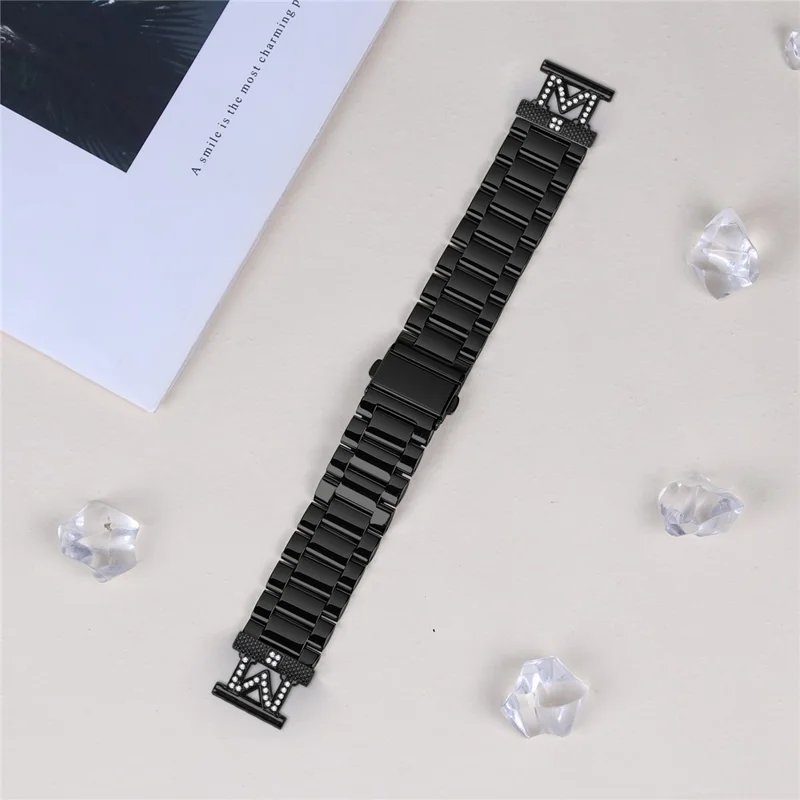 For Garmin Instinct 2S Replacement Strap M-Type Rhinestones Decor Stainless Steel 3-Bead Watch Band - Black