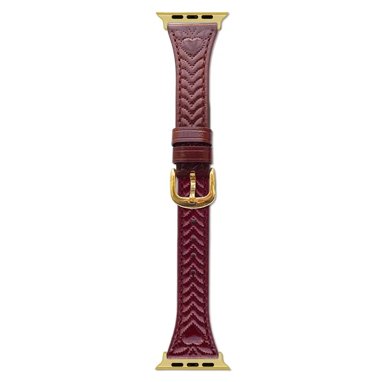 Watch Band For Apple Watch Series 10 9 8 7 SE 6 5 4 3 2 1 42mm 41mm 40mm 38mm Heart Pattern Embossed Genuine Leather Strap - Wine Red