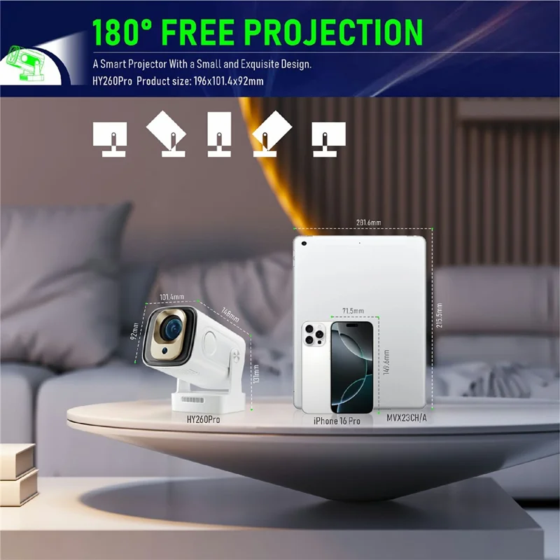 HY260 Pro Android 11 1GB+8GB LED Video Projector 200 ANSI Lumen 1080P WiFi6 BT5.4 Home Theater Device - EU Plug