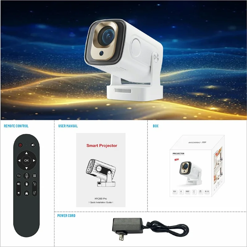 HY260 Pro Android 11 1GB+8GB LED Video Projector 200 ANSI Lumen 1080P WiFi6 BT5.4 Home Theater Device - EU Plug