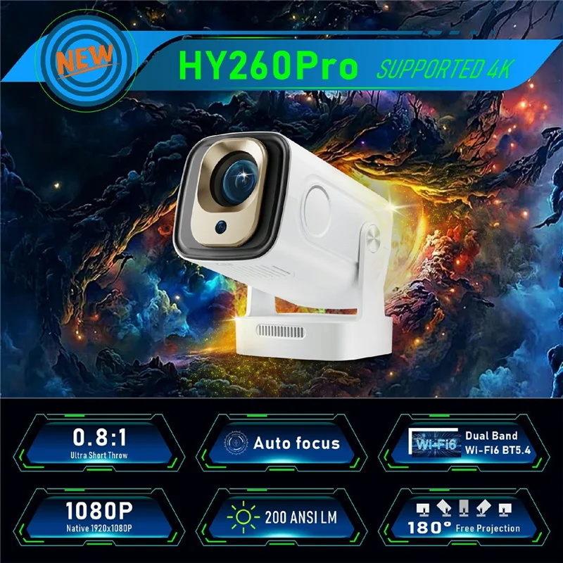 HY260 Pro Android 11 1GB+8GB LED Video Projector 200 ANSI Lumen 1080P WiFi6 BT5.4 Home Theater Device - EU Plug