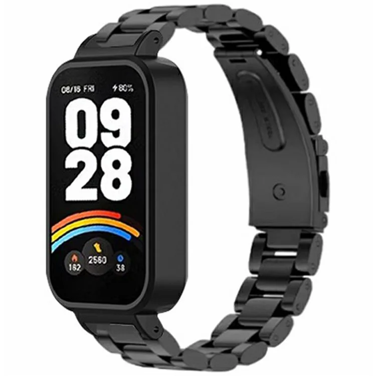 For Xiaomi Redmi Band 3 / Smart Band 9 Active Stainless Steel Watch Strap with PC Case Solid 3 Bead Replacement Band - Black