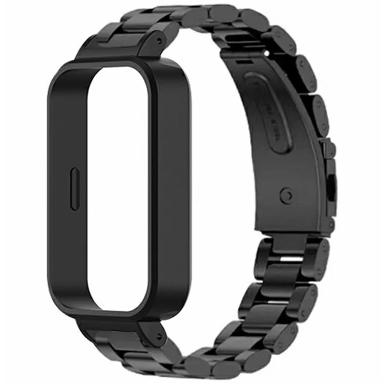 For Xiaomi Redmi Band 3 / Smart Band 9 Active Stainless Steel Watch Strap with PC Case Solid 3 Bead Replacement Band - Black