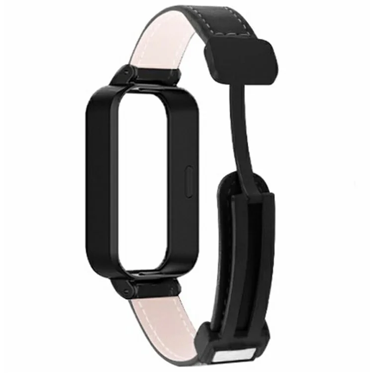 For Xiaomi Redmi Band 3  /  Smart Band 9 Active Replacement Watch Band Magnetic Folding Buckle Leather Strap with PC Case - Black
