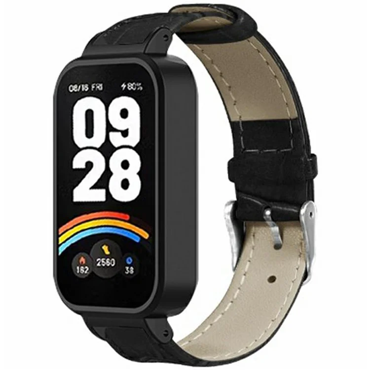 For Xiaomi Redmi Band 3 / Smart Band 9 Active Watch Band with PC Case Bamboo Texture Leather Replacement Strap - Black