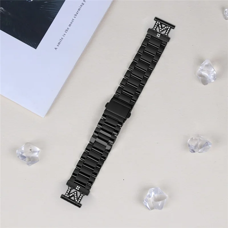 For Garmin Forerunner 645  /  Forerunner 645 Music Watch Strap Rhinestones Decor 3-Bead Stainless Steel Band - Black