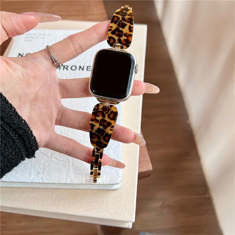Cinturino per Apple Watch Series 10 9 8 7 SE 6 5 4 3 2 1 42mm 41mm 40mm 38mm con Decorazione in Strass, Resina e Metallo - Stampa Leopardata Oro
