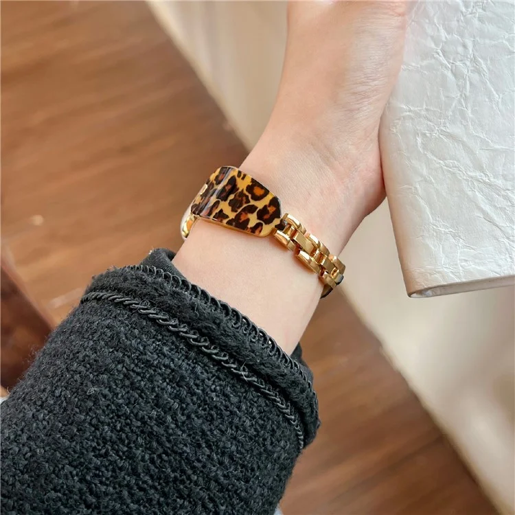Cinturino per Apple Watch Series 10 9 8 7 SE 6 5 4 3 2 1 42mm 41mm 40mm 38mm con Decorazione in Strass, Resina e Metallo - Stampa Leopardata Oro