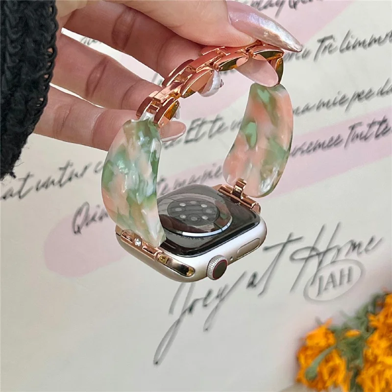 Watch Strap for Apple Watch Series 10 9 8 7 SE 6 5 4 3 2 1 42mm 41mm 40mm 38mm Rhinestone Decor Resin Metal Wrist Band - Pink+Green