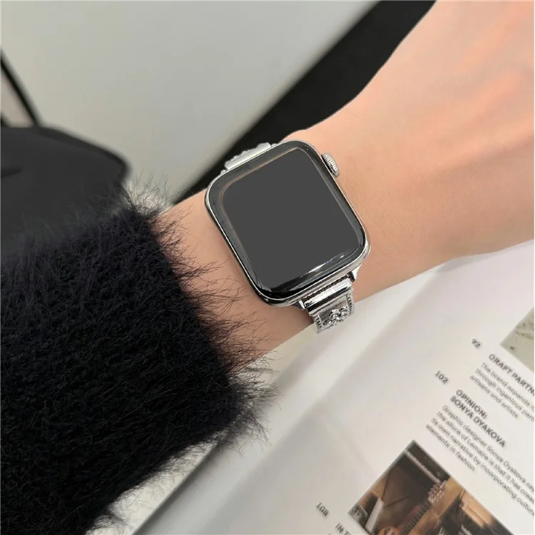 Metal Watch Strap for Apple Watch Series 10 9 8 7 SE 6 5 4 3 2 1 42mm 41mm 40mm 38mm Flower Rhinestone Decor Bracelet Band - Silver