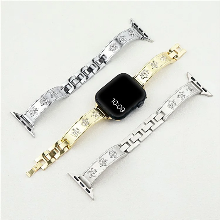Metal Watch Strap for Apple Watch Series 10 9 8 7 SE 6 5 4 3 2 1 42mm 41mm 40mm 38mm Flower Rhinestone Decor Bracelet Band - Silver