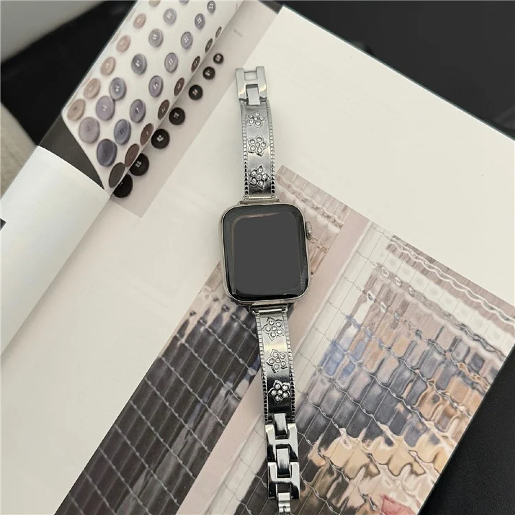 Metal Watch Strap for Apple Watch Series 10 Ultra 9 8 7 SE 6 5 4 3 2 1 46mm 49mm 45mm 44mm 42mm Flower Rhinestone Decor Bracelet Band - Silver