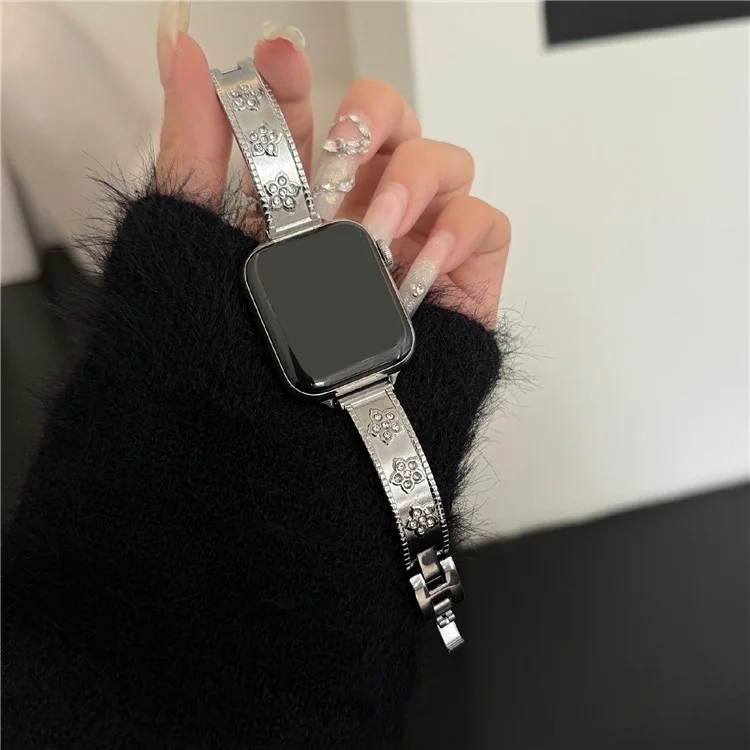 Metal Watch Strap for Apple Watch Series 10 Ultra 9 8 7 SE 6 5 4 3 2 1 46mm 49mm 45mm 44mm 42mm Flower Rhinestone Decor Bracelet Band - Silver