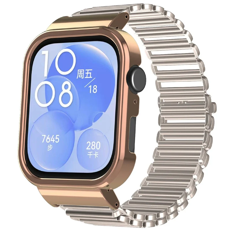For Huawei Watch Fit 3 Metal Watch Frame + Adjustable Bracelet Wrist Strap - Starlight / Rose Gold