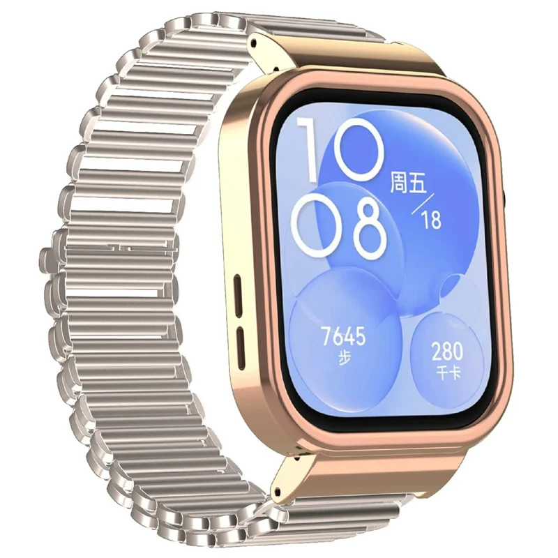 For Huawei Watch Fit 3 Metal Watch Frame + Adjustable Bracelet Wrist Strap - Starlight / Rose Gold