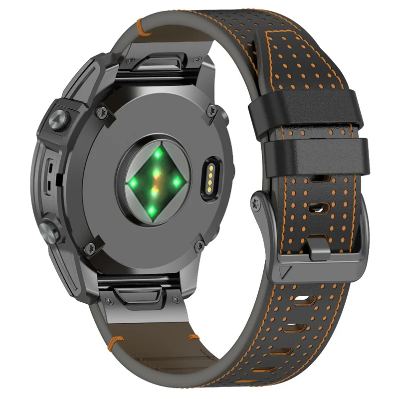 For Garmin 22mm Genuine Cow Leather Watch Band Stitching Line Replacement Strap - Black+Orange