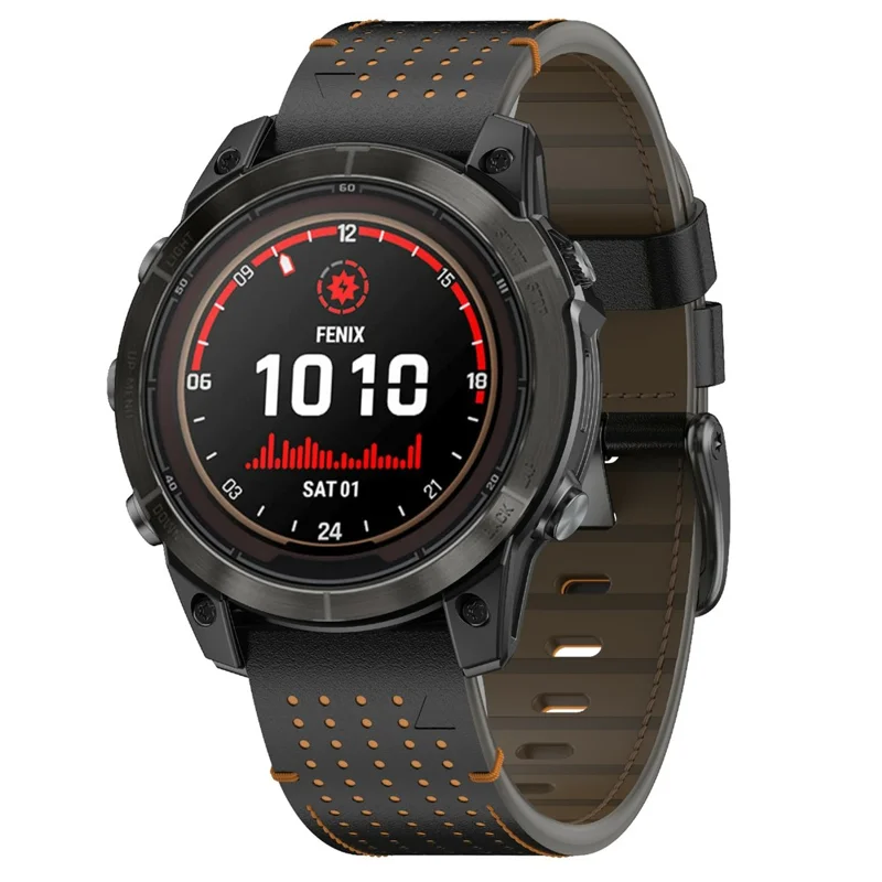 For Garmin 22mm Genuine Cow Leather Watch Band Stitching Line Replacement Strap - Black+Orange