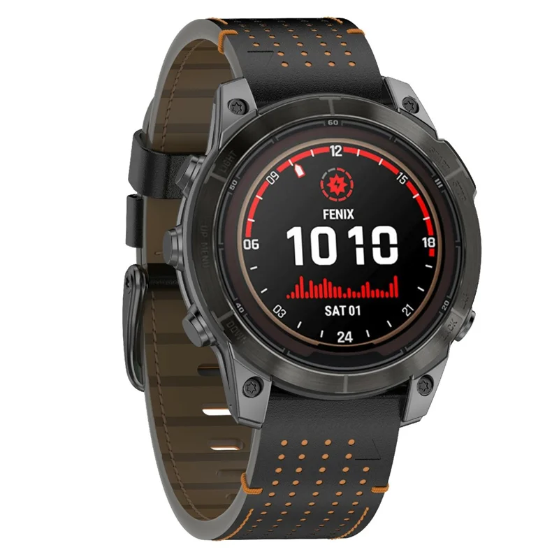 For Garmin 22mm Genuine Cow Leather Watch Band Stitching Line Replacement Strap - Black+Orange